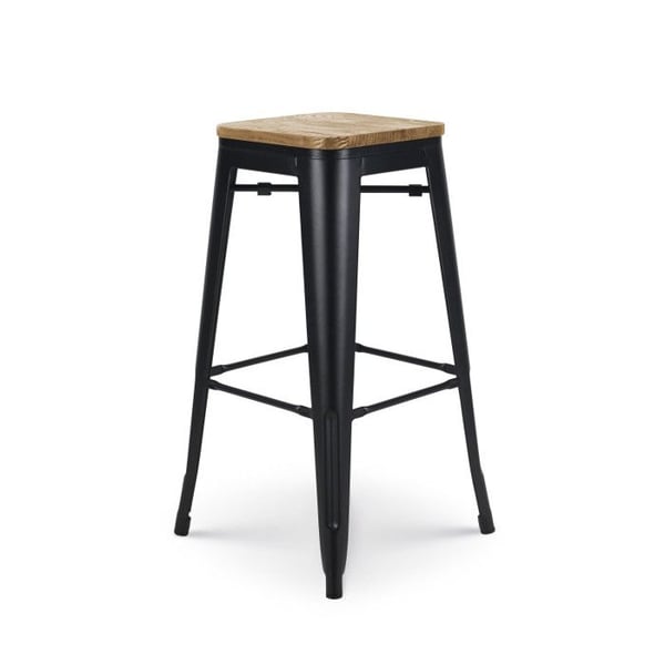 Svart matt metallbarstol i industriell stil med ljust träsäte - Höjd 76 cm