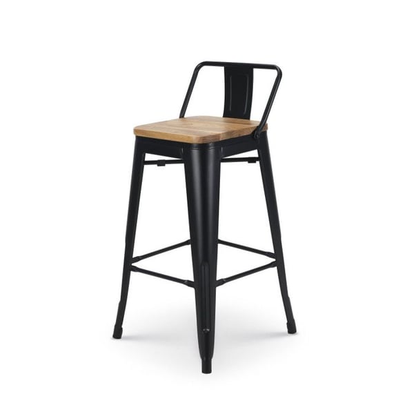 Svart metallbarstol i industristil med ryggstöd och sits i ljust trä - Höjd 66cm