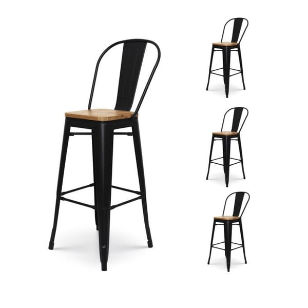 Set med 4 svarta metallbarstolar i industriell stil med hög rygg och sits i ljust trä - Höjd 76 cm