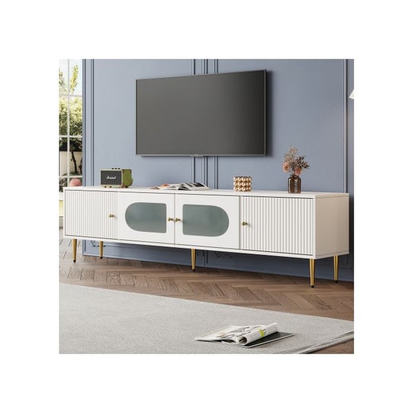 Elegant TV Cabinet 170*35*50cm - Vit möbel, gyllene fötter och handtag, 2 dörrar med vertikala urtag