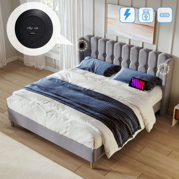 Sengestel - MUVOE - 140 x 200 cm - Hovedgavl i gråt linned - USB Type C - 2 pladser
