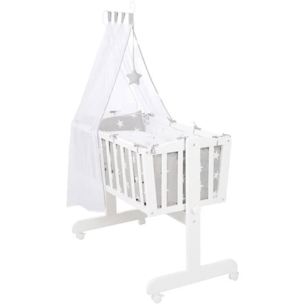 ROBA Babysäng Komplett Little Stars med 4 Hjul - 40 x 90 cm - med Textilutrustning - Vit / Grå