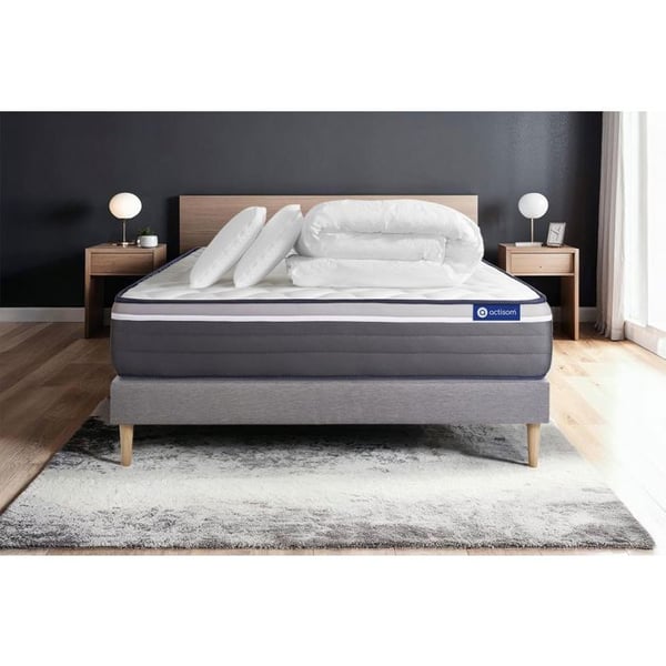 Komplett sängpaket 160x200 cm - Madrass + Sängbotten Grå (i kit) + 2 kuddar + Täcke - Actiflex Plu