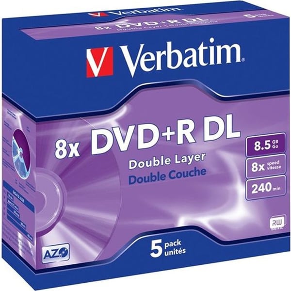 DVD+R dubbellager VERBATIM - 8x - 8,5 GB - 240 minuter - Paket med 5