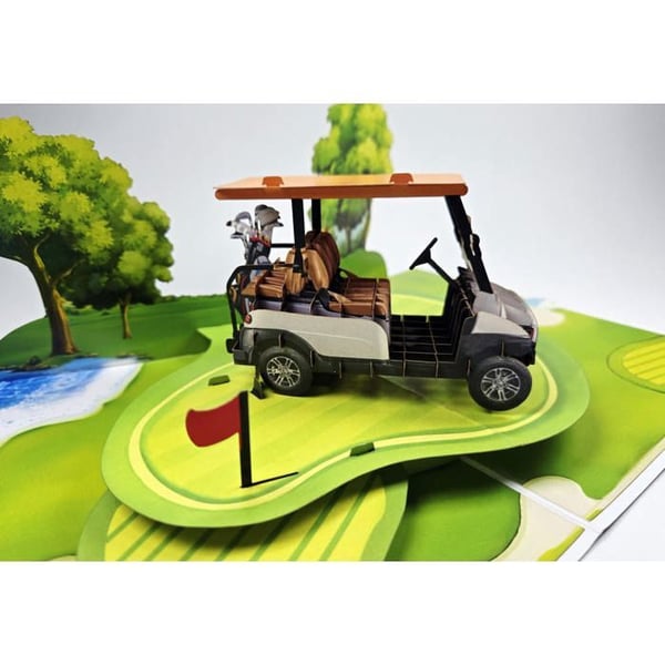 3D pop-up golfkort | Födelsedagskort, avskedskort, handgjort, med scen av golfbil, 15 x 20 cm