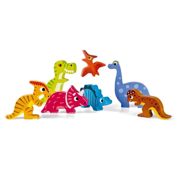 Puzzle - JANOD - Chunky Puzzle Dinosaurer 7 stk - Træ 3D - Tykkelse 1,5 cm - Fra 18 måneder