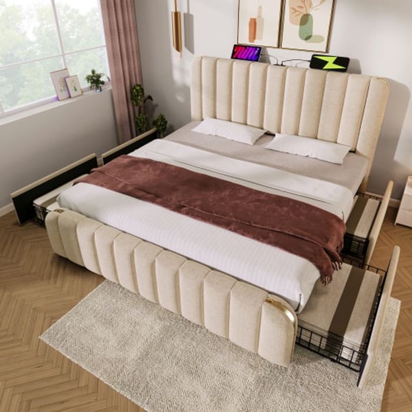 Säng med stoppning - 180x200 cm - Beige linne - 4 lådor - Inbyggt USB-port
