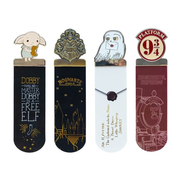 Set med 4 bokmärken - HARRY POTTER - Förpackning med 4 motiv - Hogwarts/Dobby/Hedwig/Kaj 9¾ - Mjuk PVC - Zinklegering