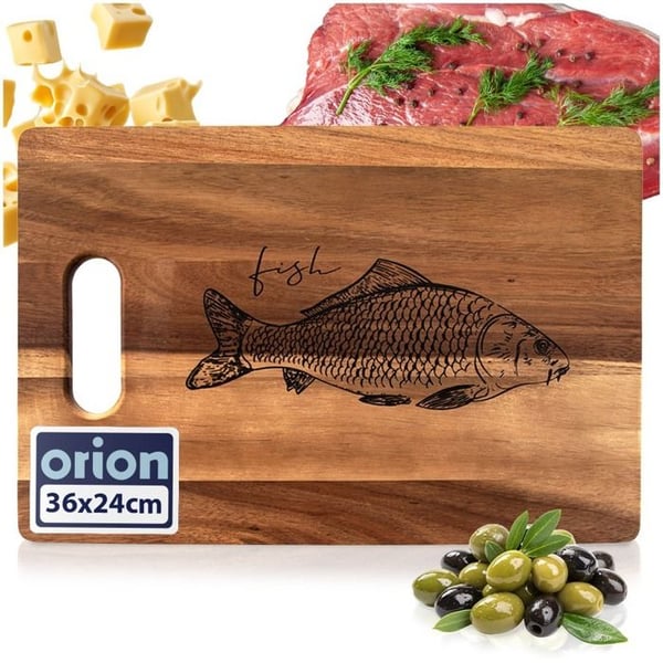 Skärbräda - ORION - 36x24 cm - Naturligt akacieträ - Fisksamönster - Ergonomiskt handtag