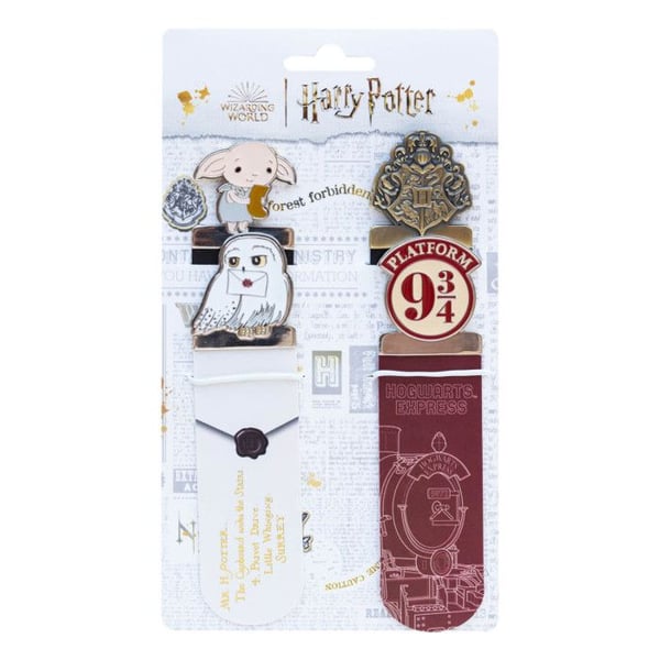 Set med 4 bokmärken - HARRY POTTER - Förpackning med 4 motiv - Hogwarts/Dobby/Hedwig/Kaj 9¾ - Mjuk PVC - Zinklegering
