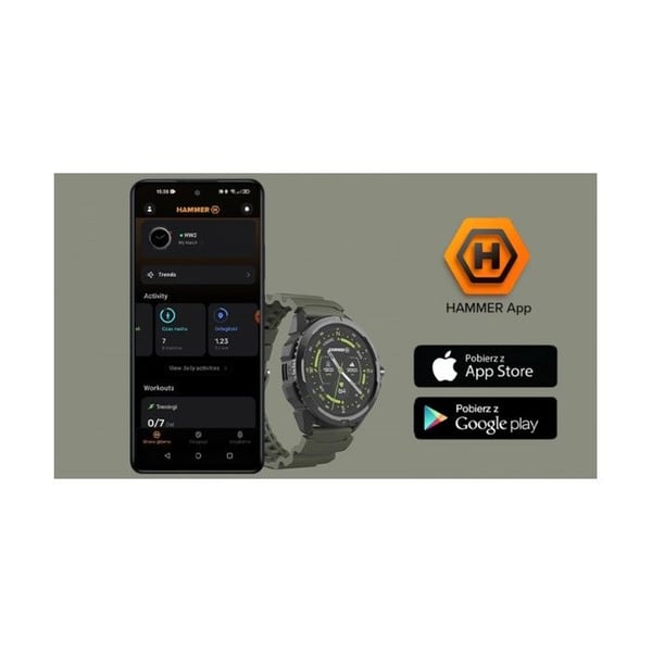 Hammer Watch 2 Smartwatch, AMOLED-skärm med Gorilla Glass, GPS, 530 mAh, upp till 13 dagars batteritid, Sportläge, Integrerad ficklampa