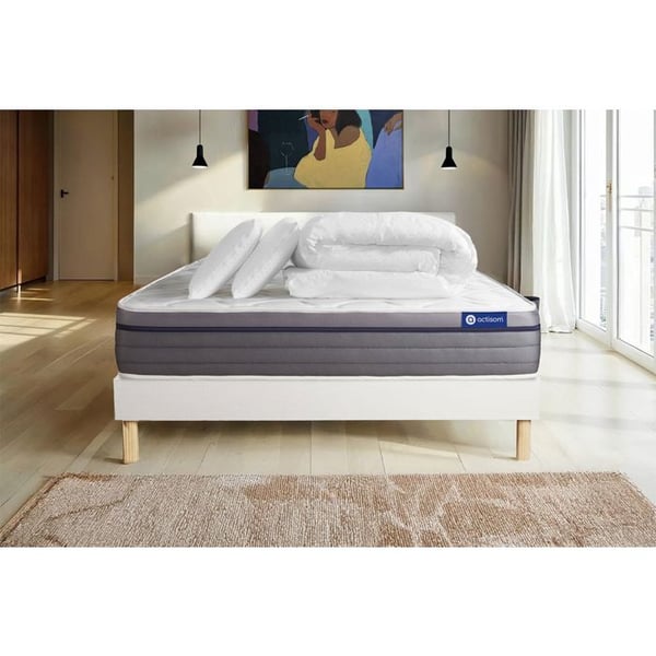 Komplett sängpaket 140x190 cm - Madrass + Sängbotten Vit (i kit) + 2 kuddar + Täcke - ActiMemo Ze