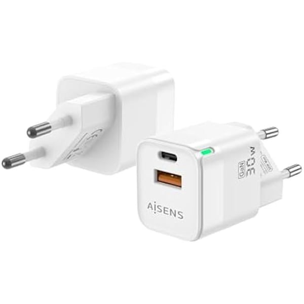 Laddare - AISENS - GAN - 30W - 1XUSB-C PD3.0 - 1XUSB-A QC3.0 - Vit
