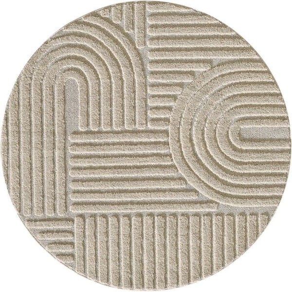 Ayyildiz Modern design matta Beige 120 cm rund långhårig, bohemisk skandinavisk stil, för vardagsrum, baksida i jute