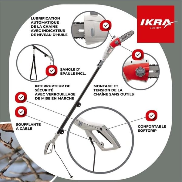 Stångsåg - IKRA - 750 watt - Arbets höjd 4m - Oregon kedja - 20 cm kapning