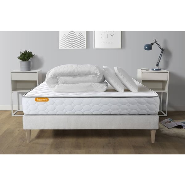 Sänggavel och madrass 140x190 Memo Memory Foam - 20 cm - Mycket fast - vit sänggavel kit + 2 kuddar + täcke