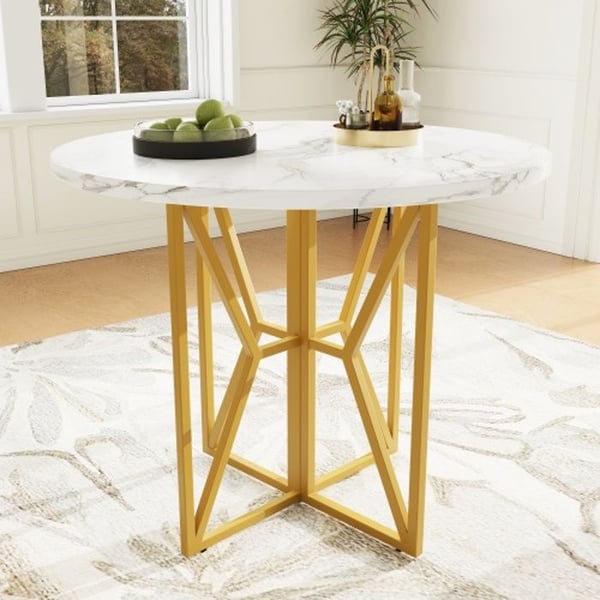 Rund spisebord - MUVOE - 80x80 cm - Marmor MDF - Gyldne ben - 4 personer