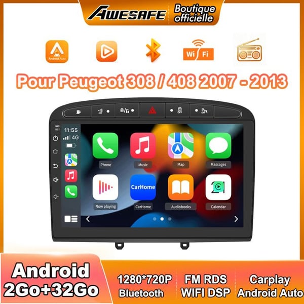 AWESAFE Autoradio Android 13 2Go+32Go för Peugeot 308/408 (2007-2013) 9'' Pekskärm med Carplay Android Auto GPS Svart