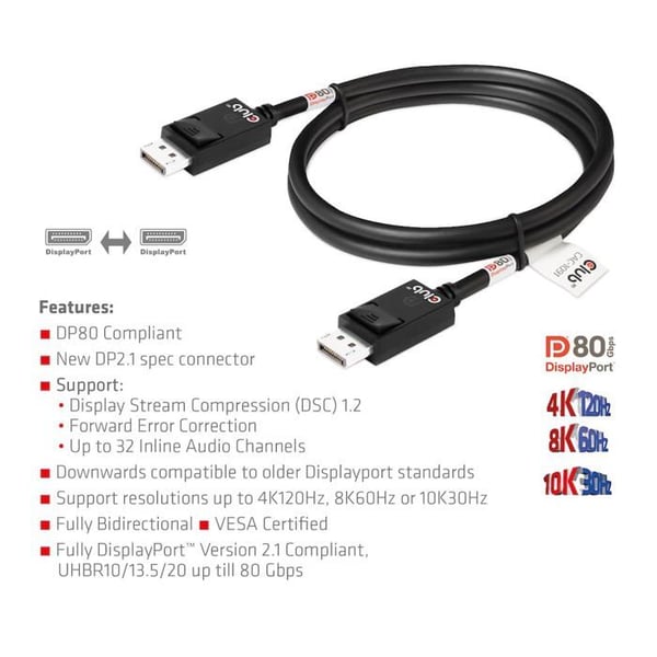 Câble DisplayPort 2.1 - CLUB3D - CAC-1091 - 1,2 m - 10K/8K/4K - Bi-directionnel