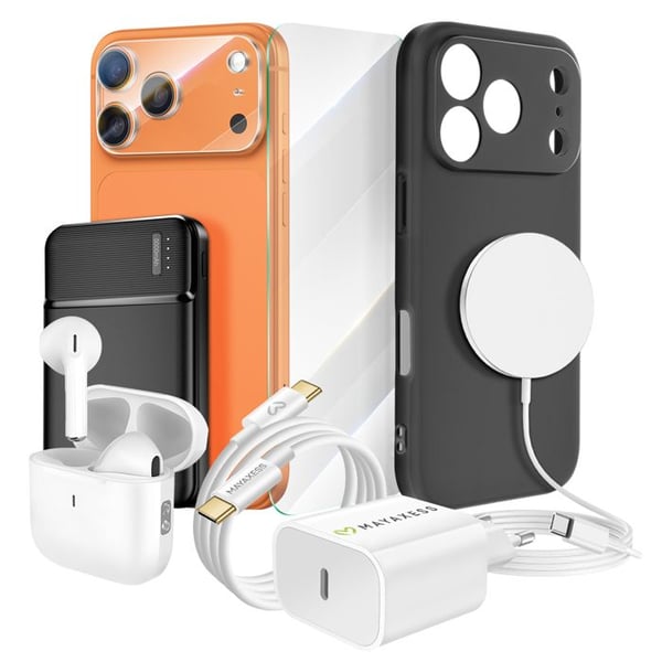 Pack Elite för iPhone 17 Pro Fodral, Glas, Laddare, Extern batteri, Magsafe, Bluetooth-hörlurar (8 delar) Mayaxess Svart