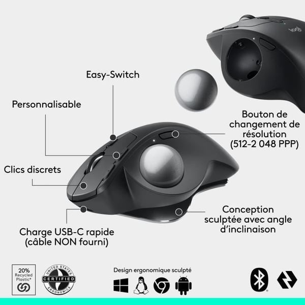 Ergonomisk mus - trådlös - Logitech - MX ERGO S - Grafit