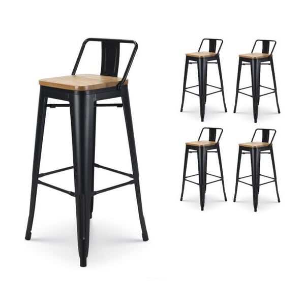 Set med 4 barstolar i matt svart metall, industriell stil, med ryggstöd och sits i ljust trä - Höjd 76 cm