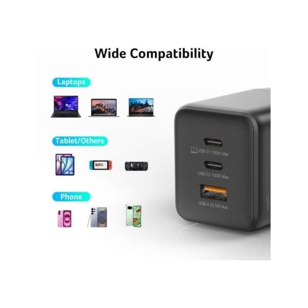 Acer PD100W GaN Oplader 2x USB-C 1x USB-A Sort Ultrarapid Opladning 1.5m