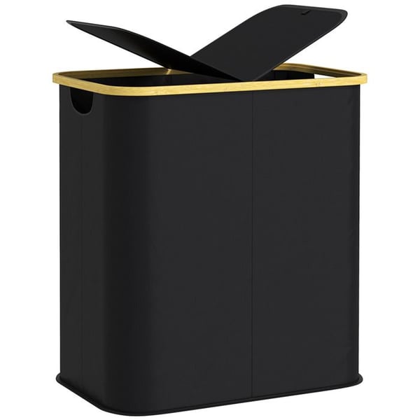 Tvättkorg - HOMCOM - dubbel vikbar 80 L - lock - ribbade handtag - svart