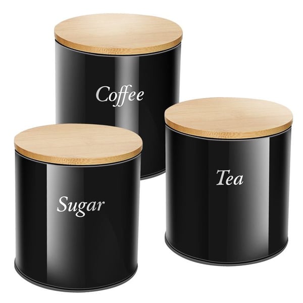 Set med 3 rostfria lådor med bambulock för kaffe, socker, te Cheffinger svart / brun