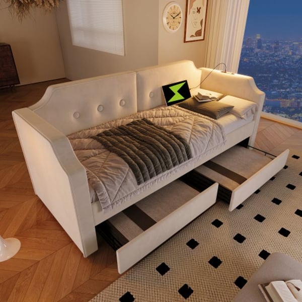 Lysende sovesofa - MUVOE - 90x200 cm - Beige velour - 2 skuffer - USB-Type-C læselys