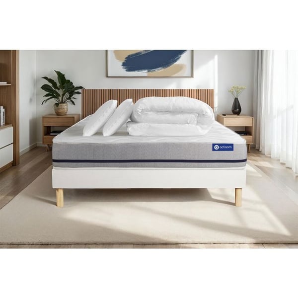 Komplett sängpaket 200x200 cm - Madrass + Sängbotten Vit (i kit) + 2 kuddar + Täcke - Actiflex So