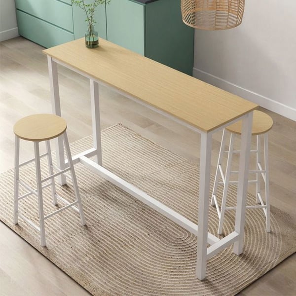 DESIGN AMEUBLEMENT - Modern barhög bord - Vit och Sonoma - Melamin - Med 2 pallar - 140x100x40 cm