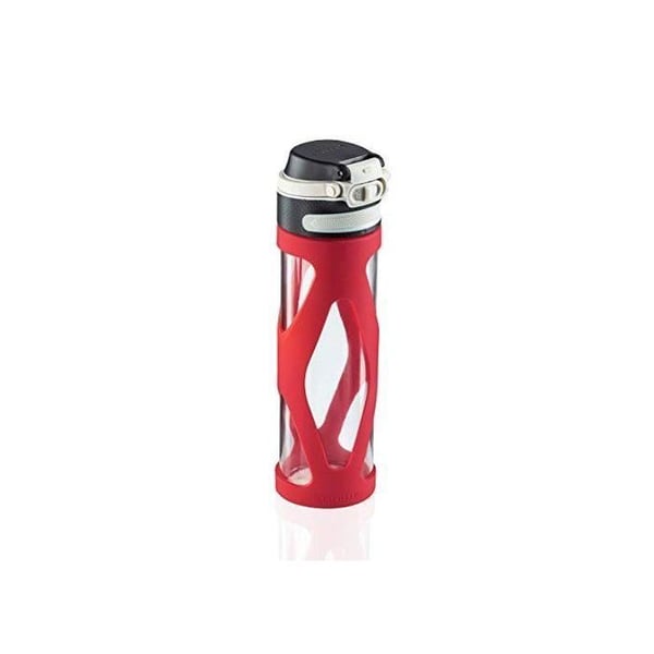 Lasipullo 600 ml 03256 Leifheit, vedenpitävä juomapullo 100% vuotamaton suljenta ja helppo avaus, punainen - Flip-sarja