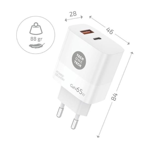 Väggladdare GaN Tech One Tech GaN TEC2270- 1xUSB Typ-C- 1xUSB- 65W- Vit