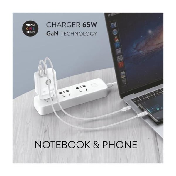 Väggladdare GaN Tech One Tech GaN TEC2270- 1xUSB Typ-C- 1xUSB- 65W- Vit