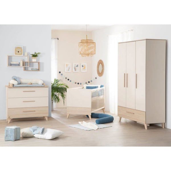 Babyrum trio: Evolutionssäng 70 x 140 cm + Skötbord + Garderob - SIDNEY - ROBA - Ek / Beige