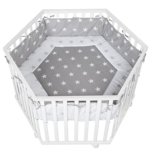 Parc Bébé Hexagonal ROBA - Små Stjärnor - Lackat Vitt Trä - Skyddspark och 6 Hjul
