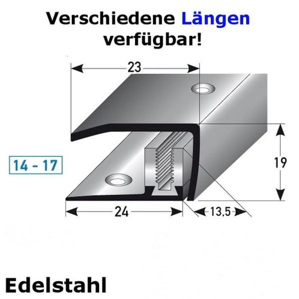 Profil för kantprofil stopp för laminat 14 - 17 mm hög 23 mm bred 3-delad rostfritt stål borrad flexibel rostfritt stål