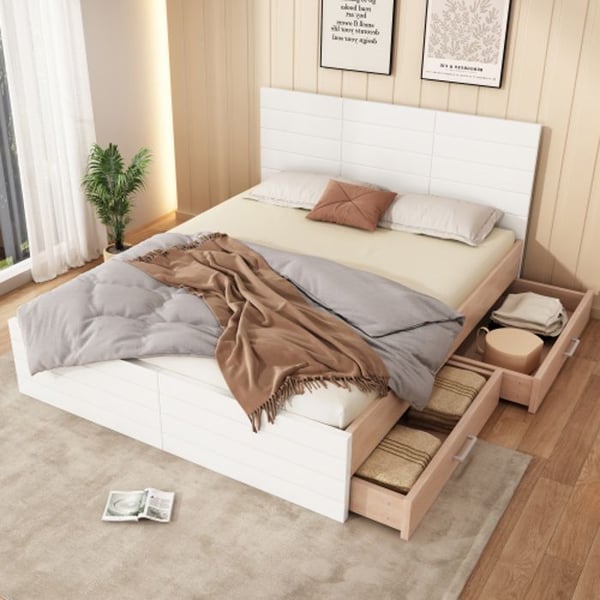 Dobbeltseng - Eksklusivt design - 180 x 200 cm - Massivt træ - 2 skuffer - Hvid