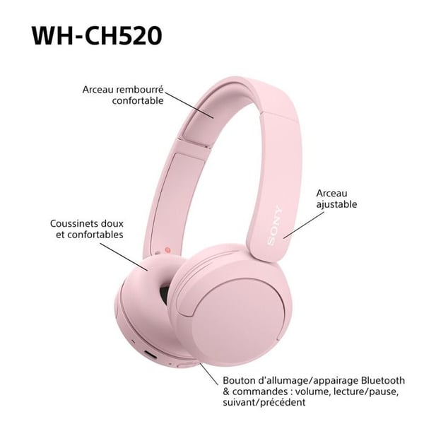 Sony trådløse Bluetooth Multipoint hovedtelefoner WHCH520 i rosa