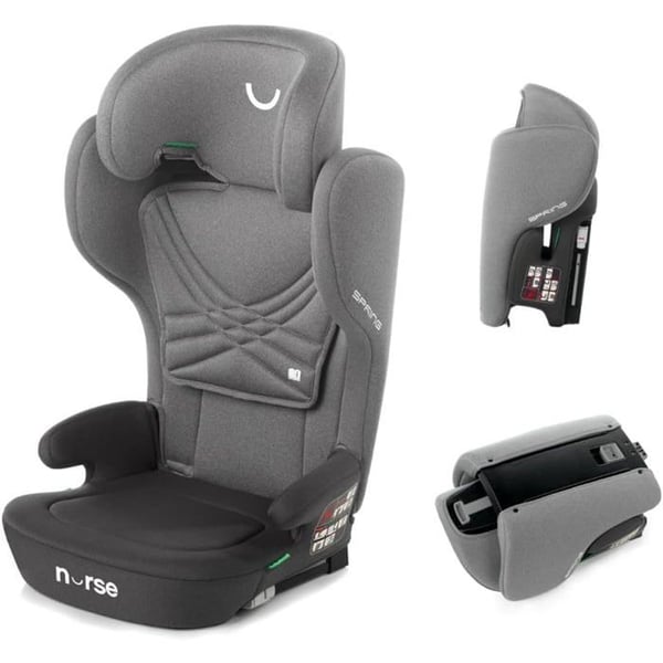 Børnesæde Nurse Spring iSize til børn 4-12 år, Isofix, sammenklappelig, justerbar, grå