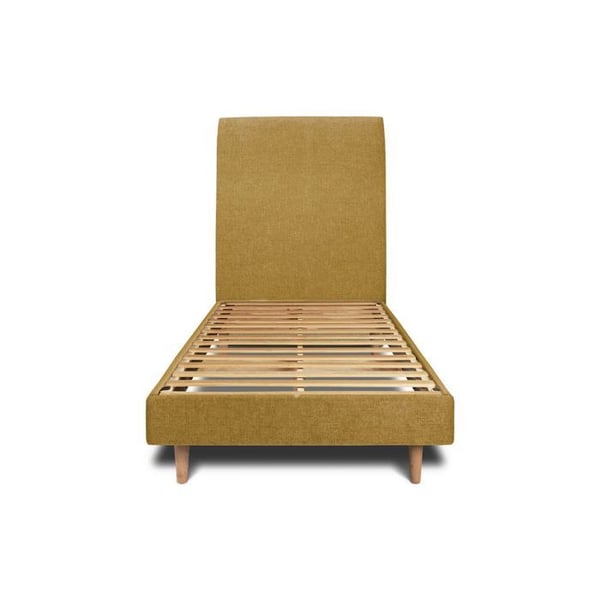 Säng - Märke - 90x190cm - Klädd sänggavel i tyg - Sängbotten kit - Gul - Massivt trä