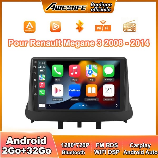 AWESAFE Bilradio Android 13 2Go+32Go för Renault Megane 3 9 Tum, Carplay Android Auto GPS Bluetooth FM RDS USB WiFi