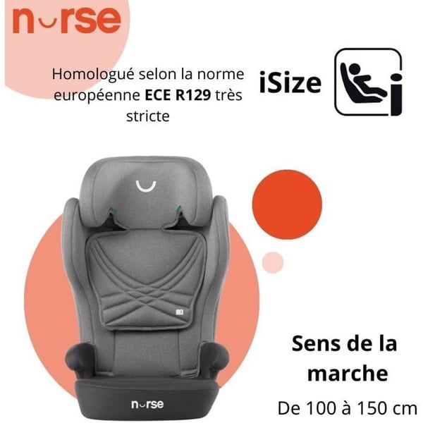 Børnesæde Nurse Spring iSize til børn 4-12 år, Isofix, sammenklappelig, justerbar, grå