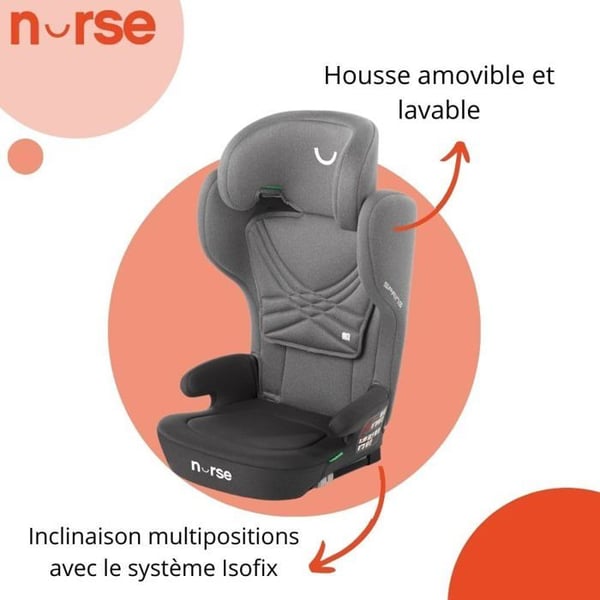 Børnesæde Nurse Spring iSize til børn 4-12 år, Isofix, sammenklappelig, justerbar, grå