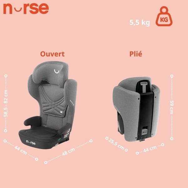 Børnesæde Nurse Spring iSize til børn 4-12 år, Isofix, sammenklappelig, justerbar, grå