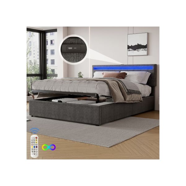 Lit - MUVOE - 160x200 cm - Pääty USB:llä - Säilytys sängyn alla - Monivärinen LED