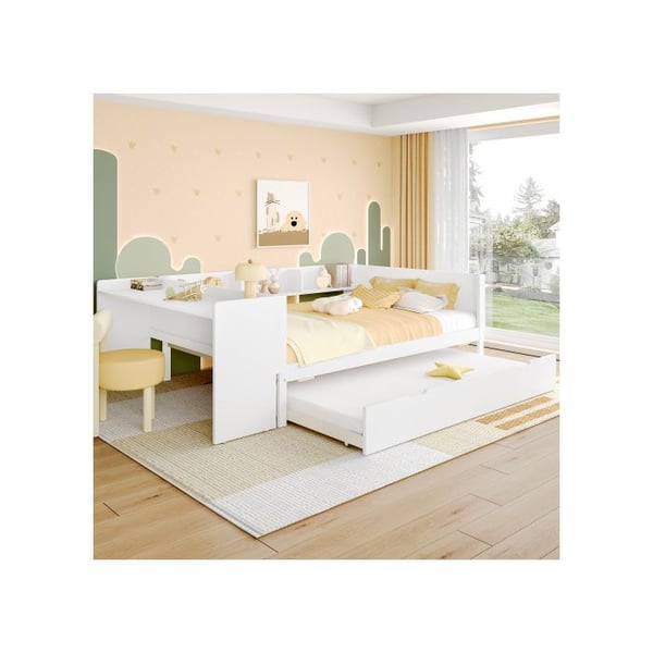 Dobbeltseng - MUVOE - 140x200cm - Massivt træ - Indbygget skrivebord - Opbevaringshylder