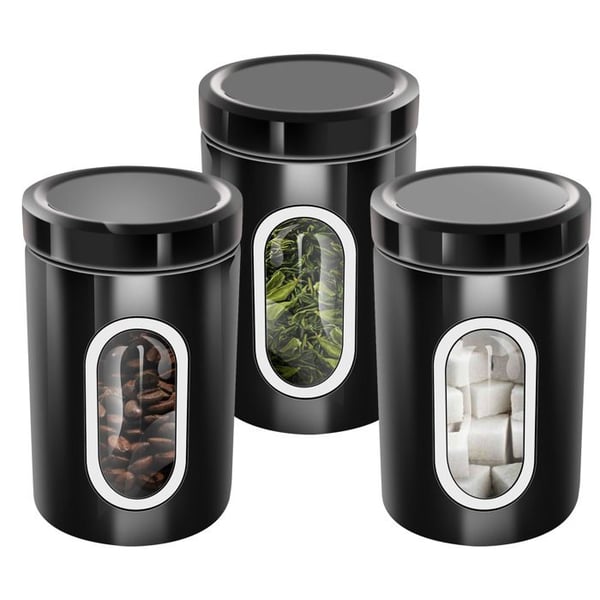 Set med 3 stapelbara lådor för kaffe, socker, med genomskinligt fönster, hermetiskt förslutna, Cheffinger, svart