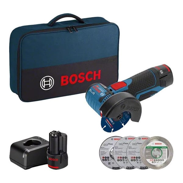 Vinkelslip 12 V GWS 12V-76 Professional + 2 batterier 2 Ah + laddare + mjuk verktygsväska BOSCH 06019F200C